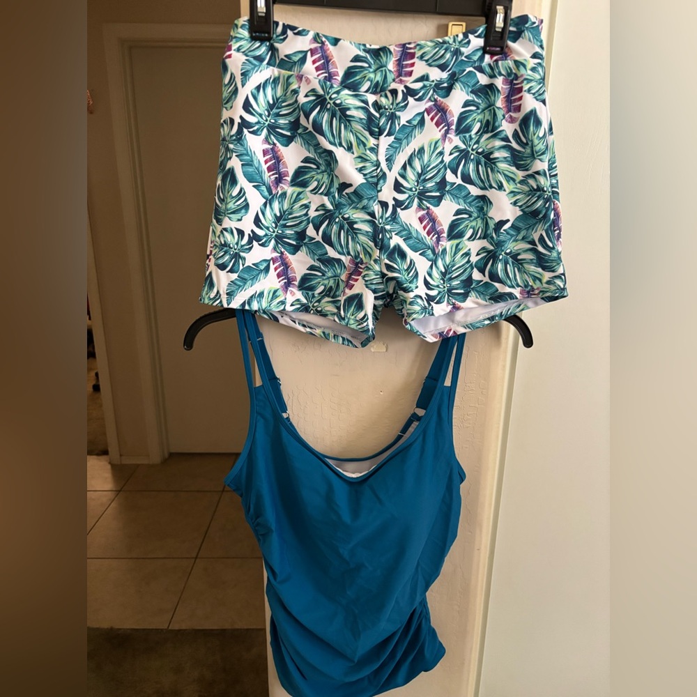 🍾NWT Eomenie Tropical Leaf Print Shorts and Blue Tankini Set, Size XL - Picture 5 of 9